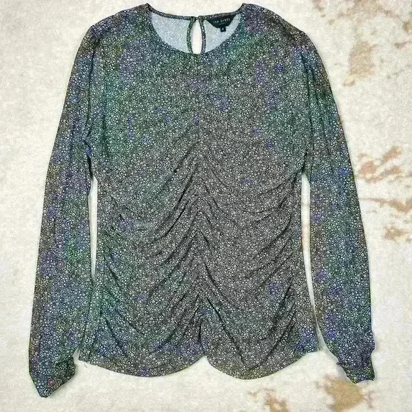 TED BAKER Savannn Floral Ruched Sheer Long Sleeve Top Blouse Black Women 4 Small - Picture 1 of 14